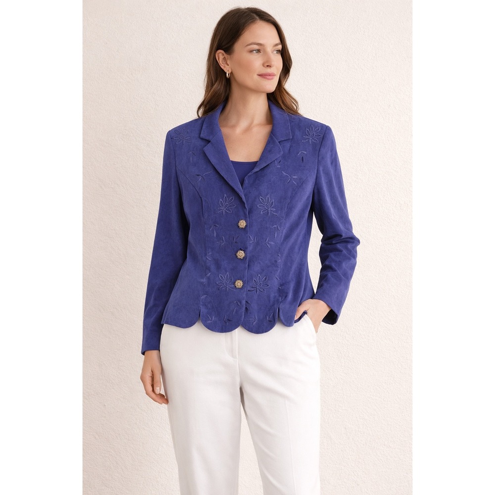Leslie Fay Blue Embroidered Scalloped Hem Blazer Jacket Gold Buttons‎ Vintage 12